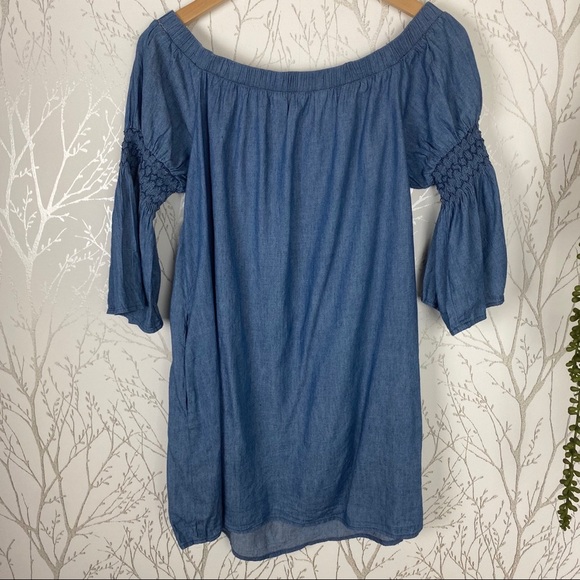 BLUE RAIN Blue Embroidered BOHO Off-Shoulder Mini Dress w/ Pockets Medium - Picture 3 of 10